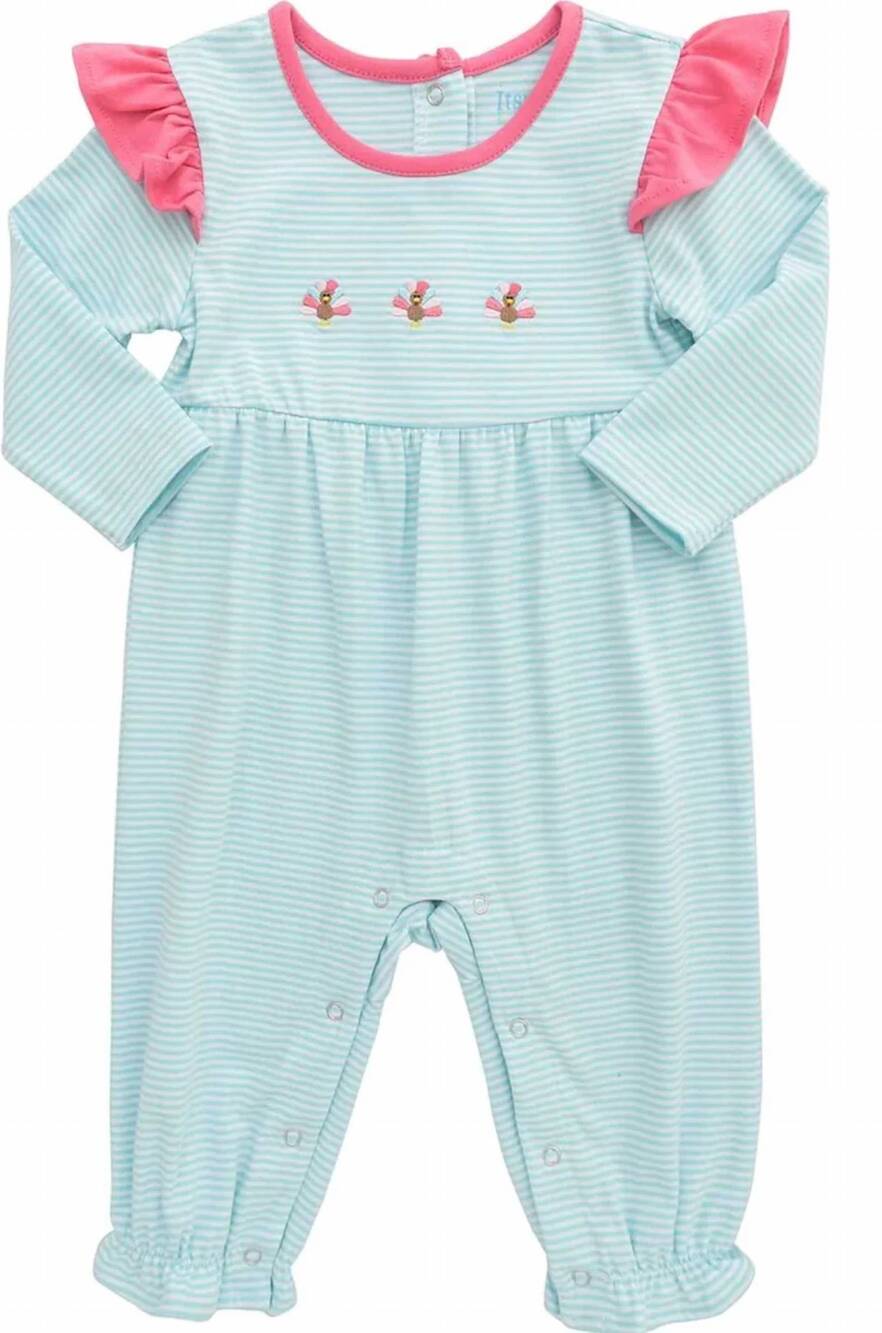 NEW ITSY BITSY girl's turkey ruffle romper in blue